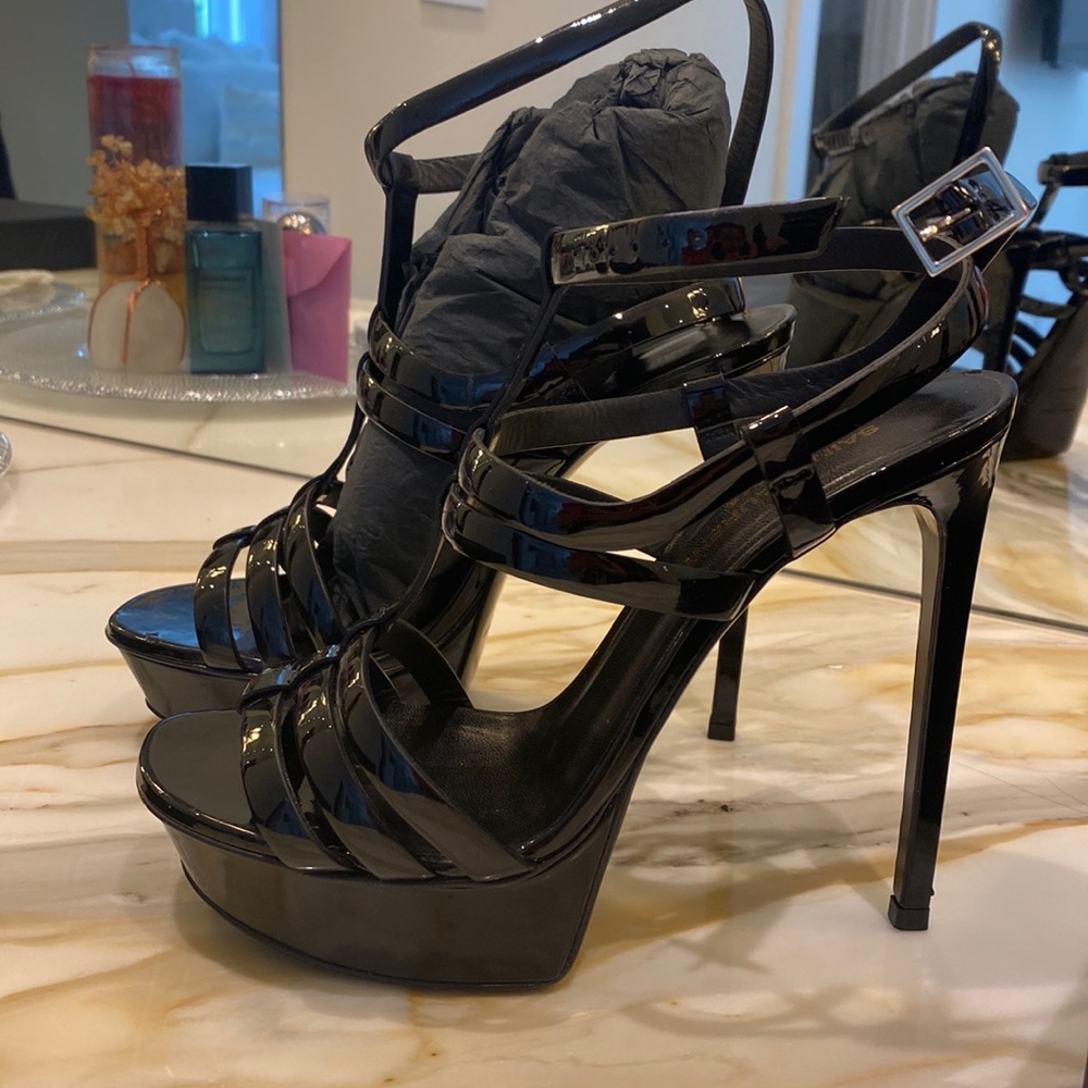 Saint Laurent black patent leather platform stilettos